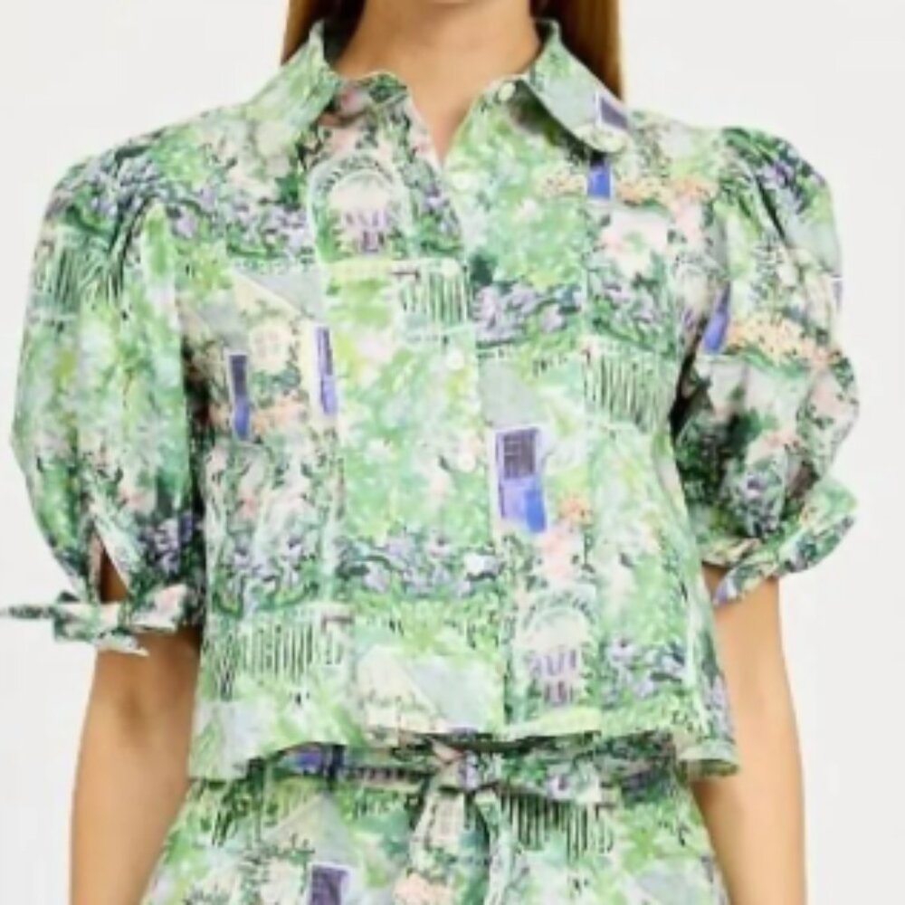 NWT En Saison - Molly Short Puff Sleeve Green Floral Cropped Shirt